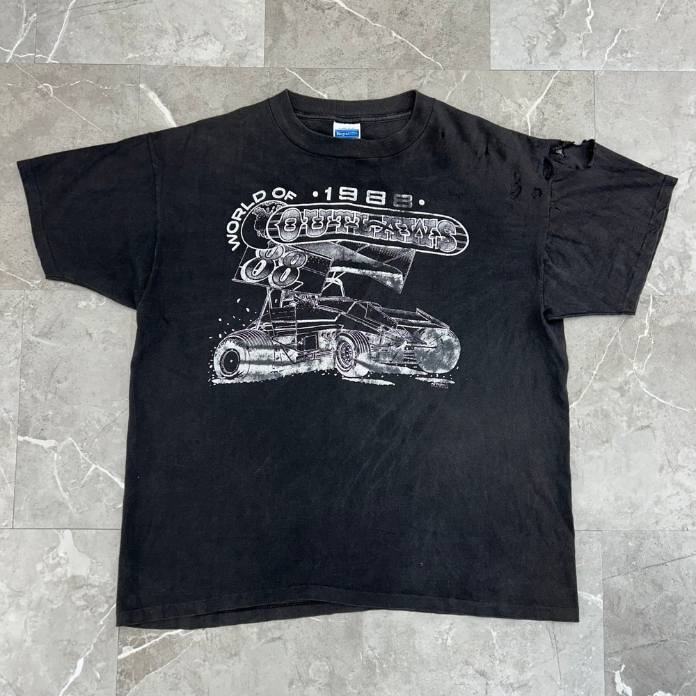 80s Vintage World Of Outlaws Graphic Tee Mens XL Distressed Dirt Sprint Car